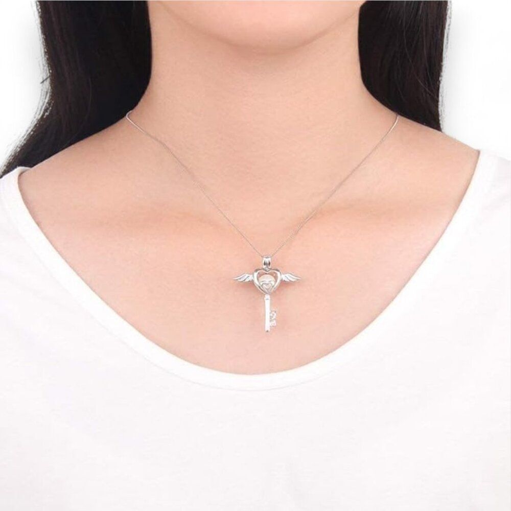 925 Sterling Silver Necklace Winged Heart Skeleton Key Pearl Cage Glow In Dark